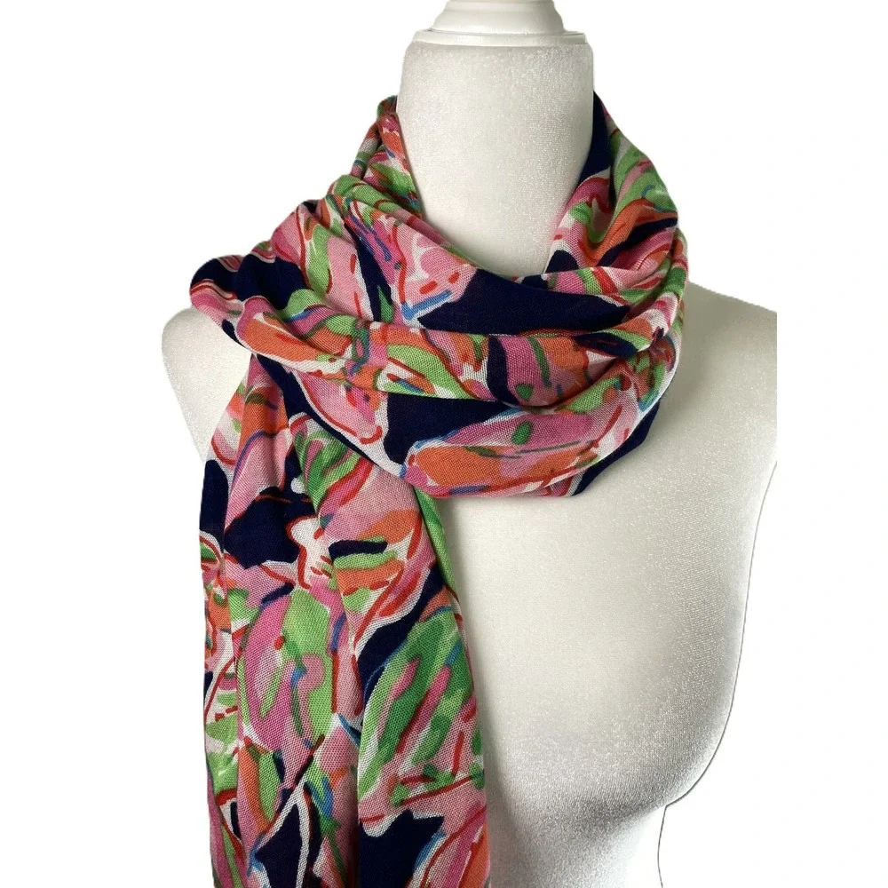 Lilly Pulitzer Murfee Scarf Tusk In Sun Pink Navy Blue Palm‎ Leaf Fringe 10126